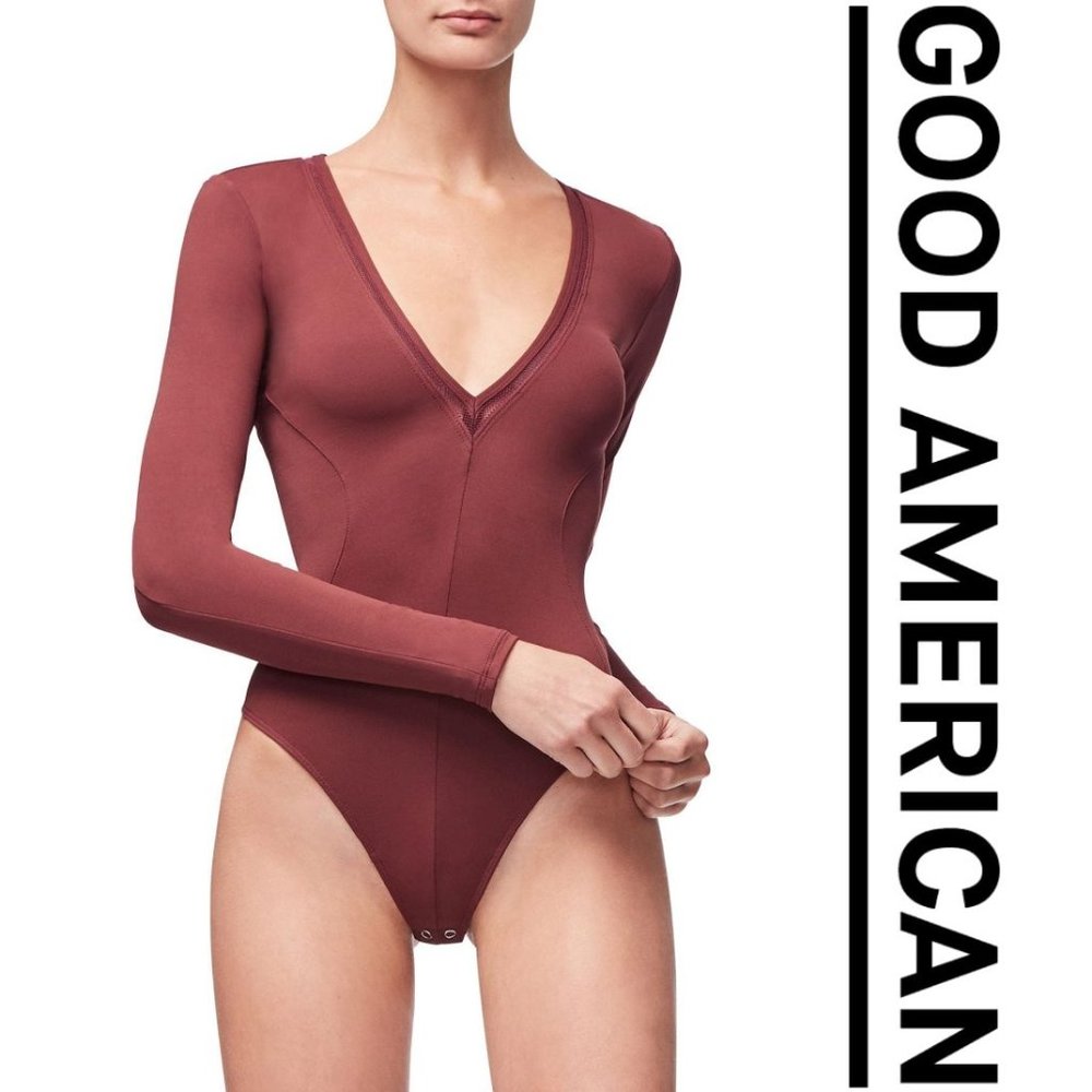 Good American Low Down V Neck Bodysuit Bordeaux